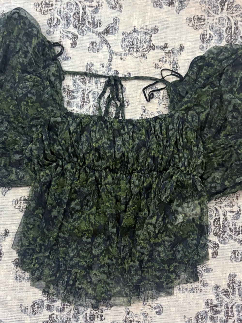 Free People Dark Green Sheer Smocked Peasant Top
